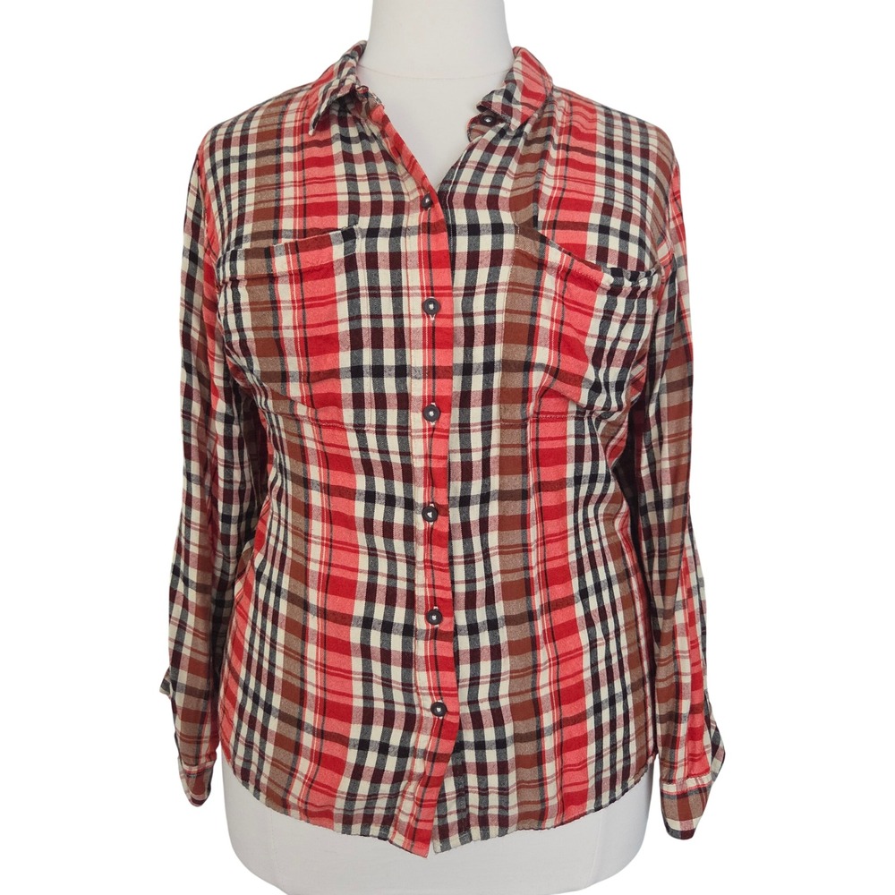 Lane Bryant Womens Plus 22/24 Red Plaid Rayon Button Down Long Sleeve Shirt Top